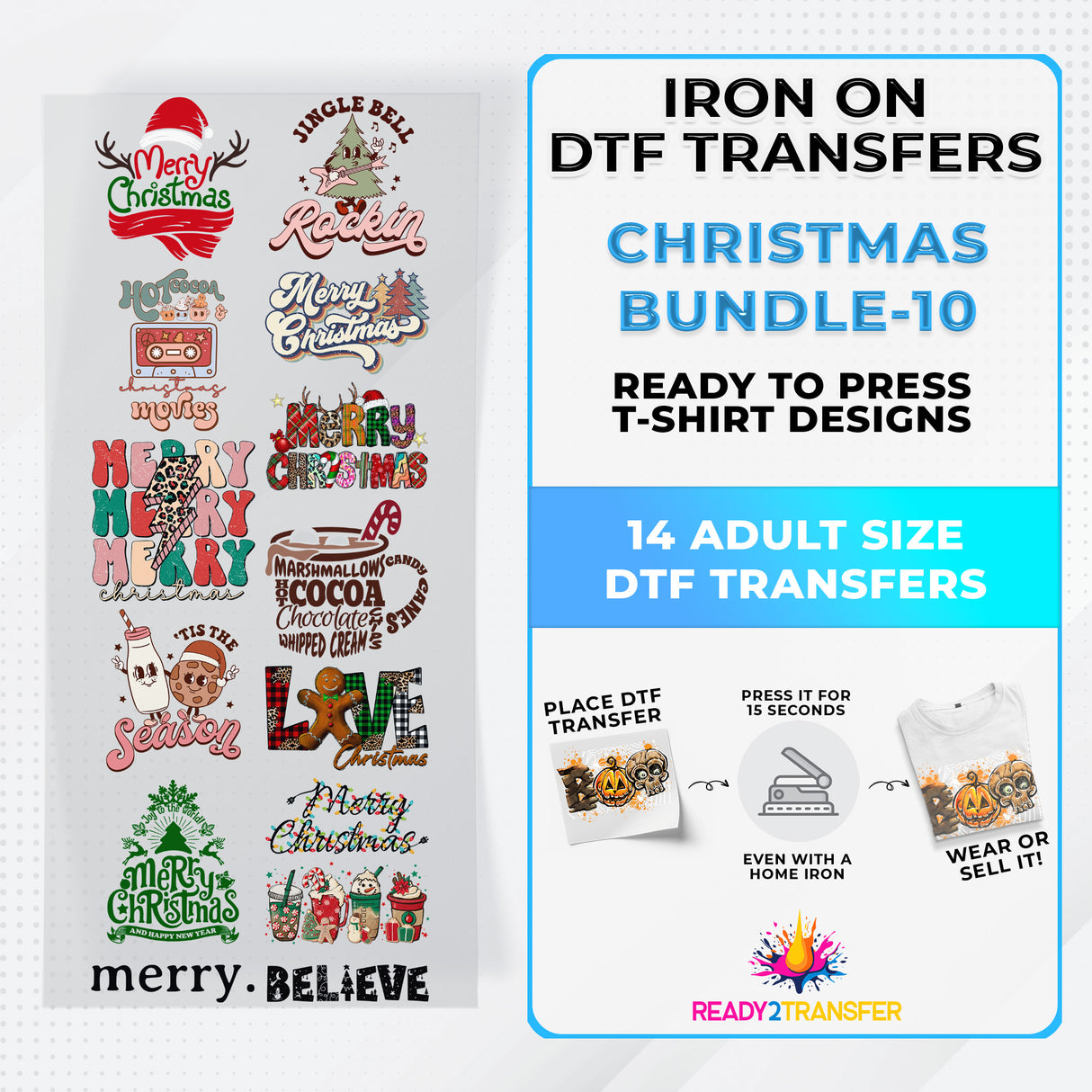 Christmas Bundle Iron on DTF Transfer Bundle 10 - 14 Best Seller Ready To Press T-shirt Designs