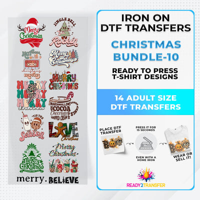 Christmas Bundle Iron on DTF Transfer Bundle 10 - 14 Best Seller Ready To Press T-shirt Designs ready2transfer