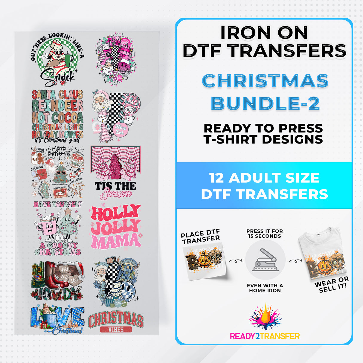 Christmas Bundle Iron on DTF Transfer Bundle 2 - 12 Best Seller Ready To Press T-shirt Designs