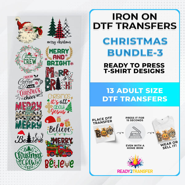 Christmas Bundle Iron on DTF Transfer Bundle 3 - 13 Best Seller Ready To Press T-shirt Designs
