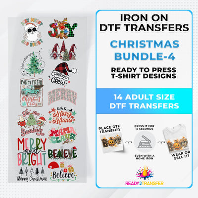 Christmas Bundle Iron on DTF Transfer Bundle 4 - 14 Best Seller Ready To Press T-shirt Designs ready2transfer