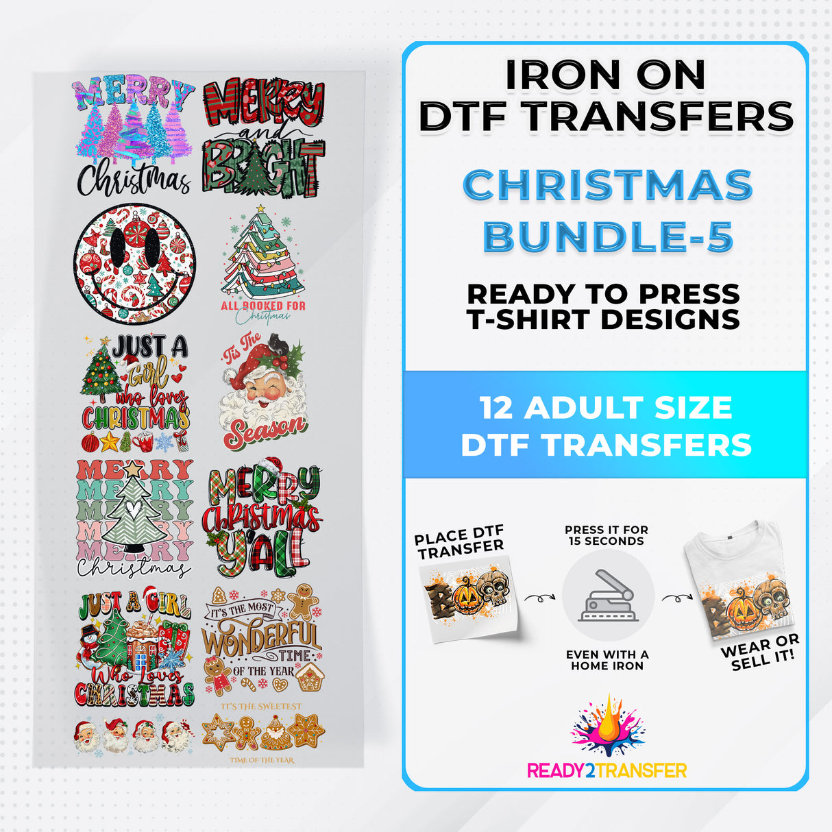 Christmas Bundle Iron on DTF Transfer Bundle 5 - 12 Best Seller Ready To Press T-shirt Designs