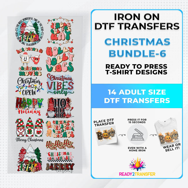 Christmas Bundle Iron on DTF Transfer Bundle 6 - 14 Best Seller Ready To Press T-shirt Designs