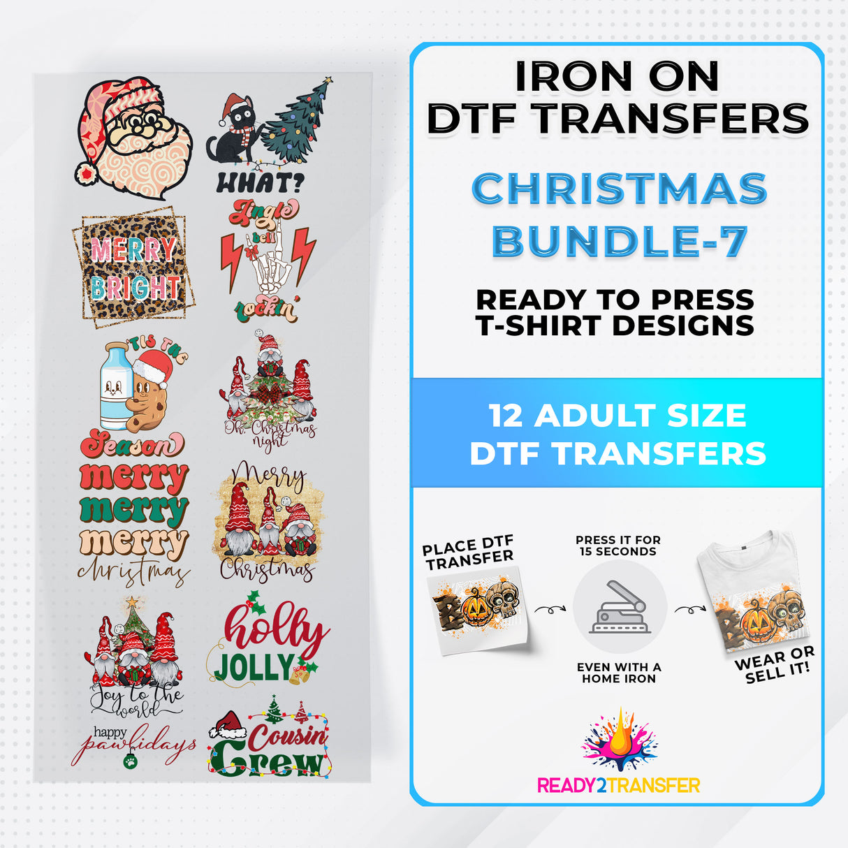 Christmas Bundle Iron on DTF Transfer Bundle 7 - 12 Best Seller Ready To Press T-shirt Designs