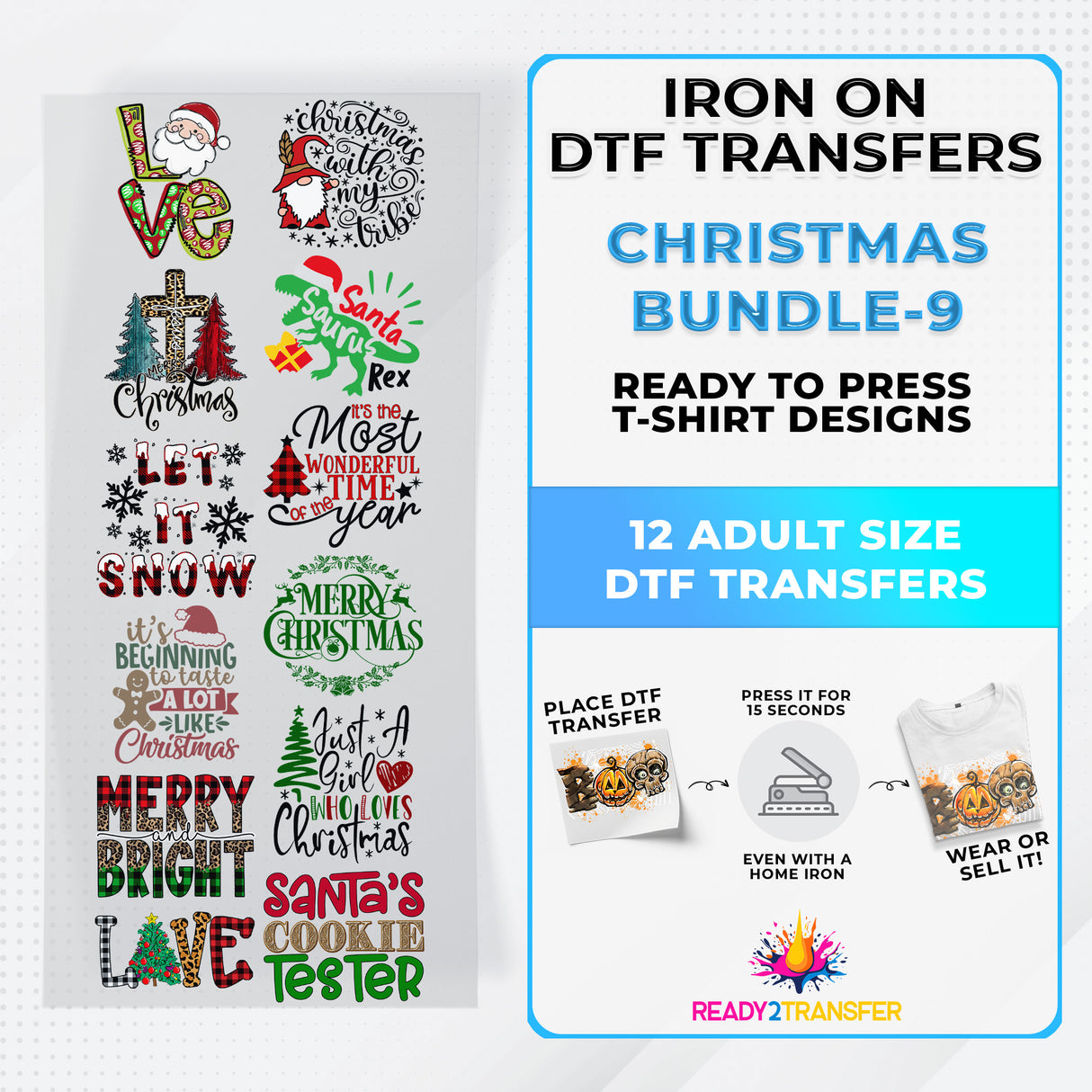 Christmas Bundle Iron on DTF Transfer Bundle 9 - 12 Best Seller Ready To Press T-shirt Designs