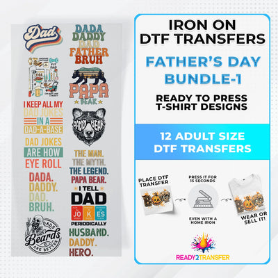 Father's Day Bundle Iron on DTF Transfer Bundle 1 - 12 Best Seller Ready To Press T-shirt Designs