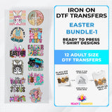 Easter-themed iron-on DTF transfers bundle with 12 colorful adult-size designs for t-shirts