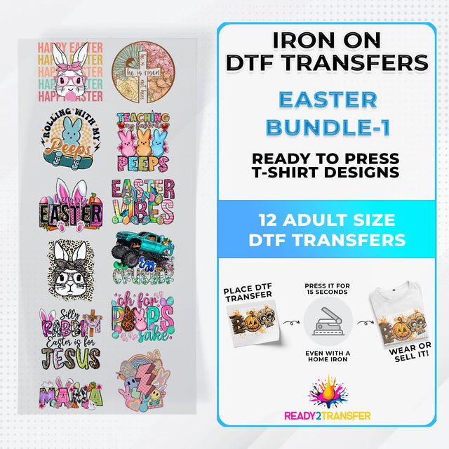 Easter-themed iron-on DTF transfers bundle with 12 colorful adult-size designs for t-shirts