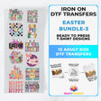 Easter-themed iron-on DTF transfers bundle with 12 colorful adult-size t-shirt designs featuring bunnies, eggs, and spring motifs