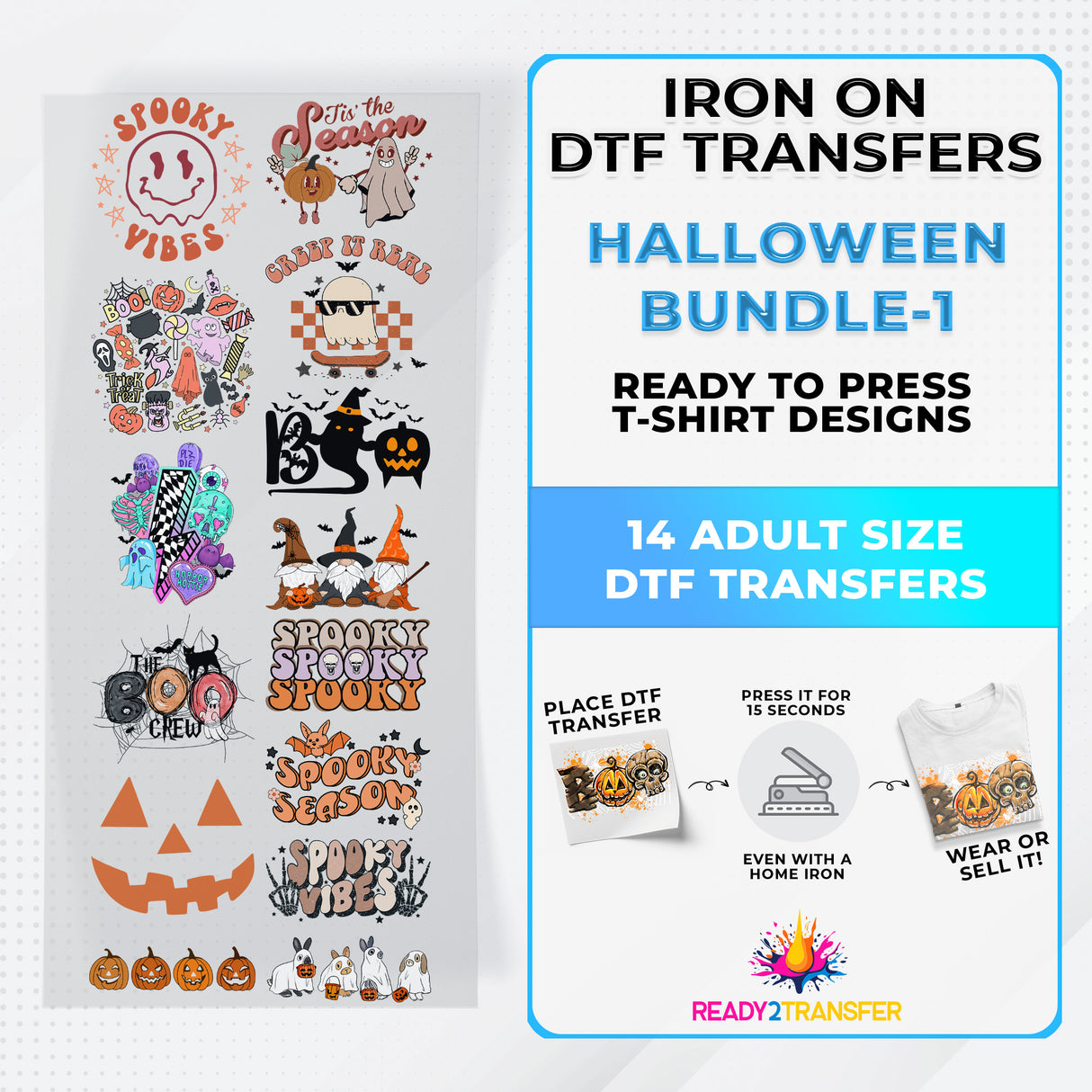 Halloween Bundle Iron on DTF Transfer Bundle 1 - 14 Best Seller Ready To Press T-shirt Designs