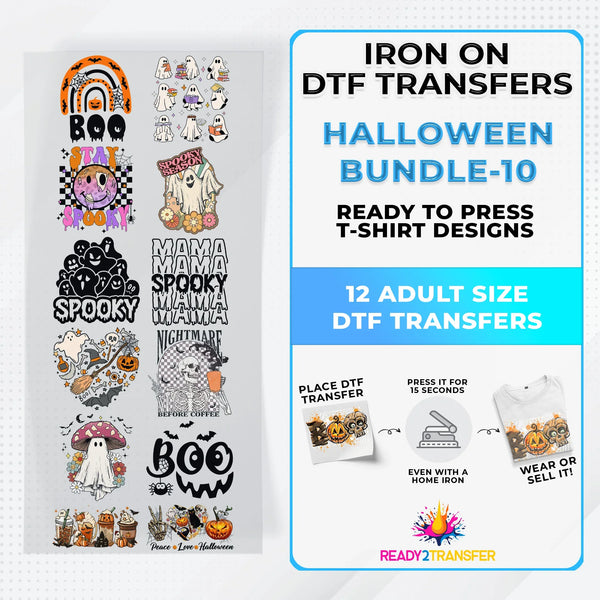 Halloween Bundle Iron on DTF Transfer Bundle 10 - 12 Best Seller Ready To Press T-shirt Designs