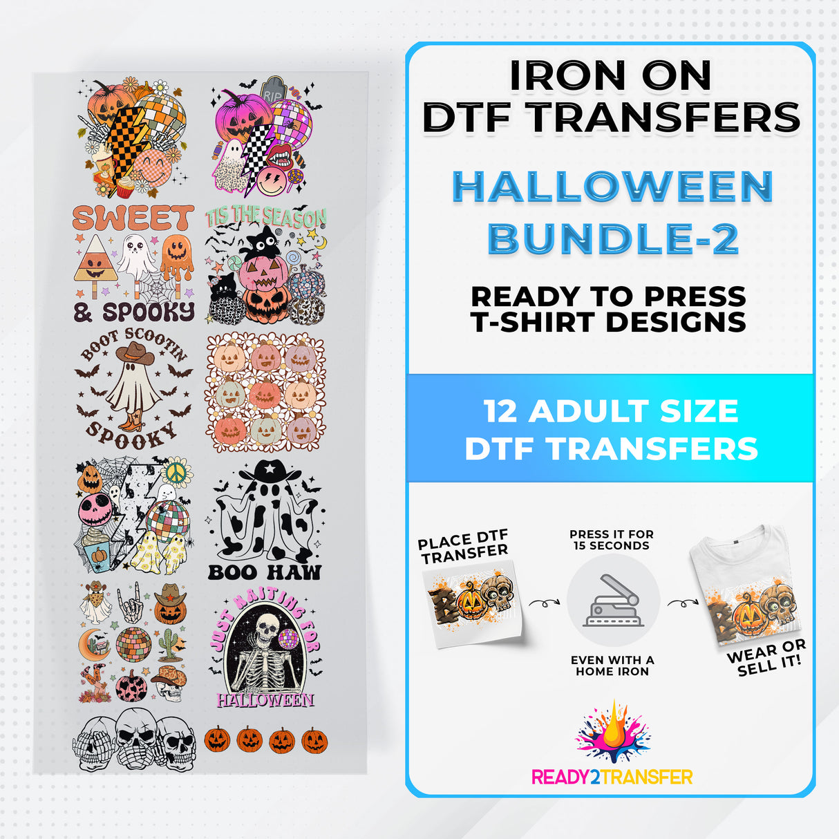 Halloween Bundle Iron on DTF Transfer Bundle 2 - 12 Best Seller Ready To Press T-shirt Designs