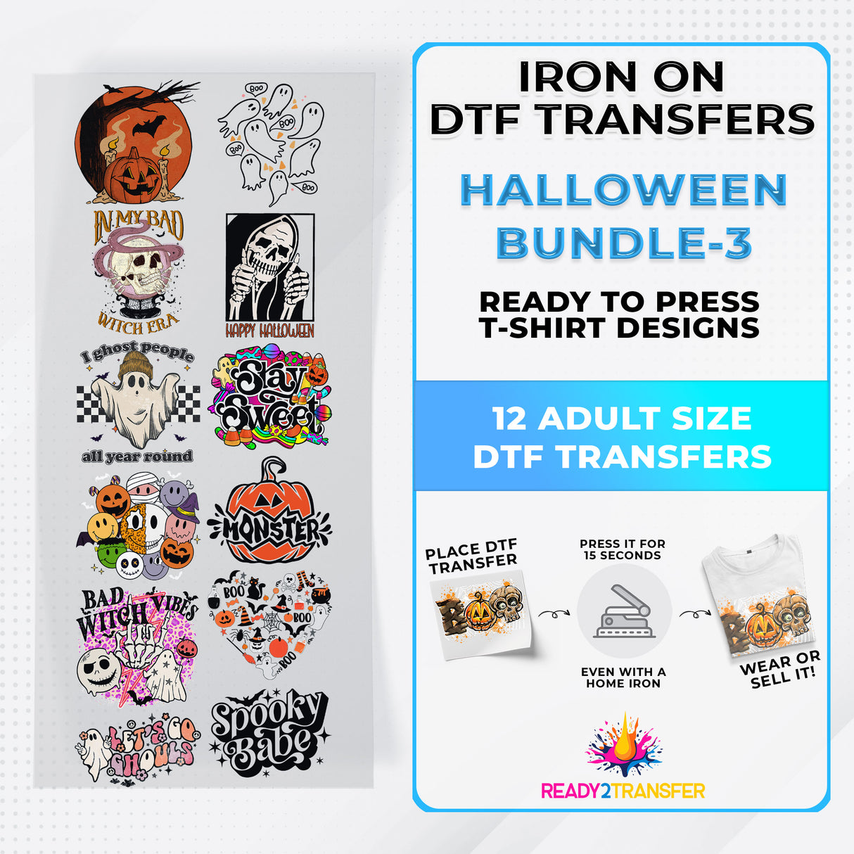 Halloween Bundle Iron on DTF Transfer Bundle 3 - 12 Best Seller Ready To Press T-shirt Designs