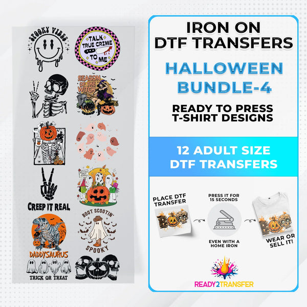 Halloween Bundle Iron on DTF Transfer Bundle 4 - 12 Best Seller Ready To Press T-shirt Designs