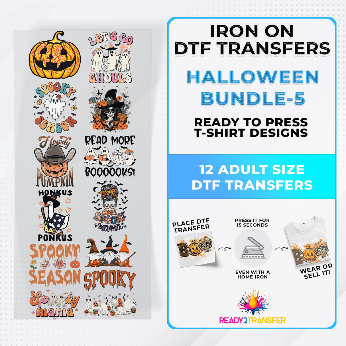 Halloween Bundle Iron on DTF Transfer Bundle 5 - 12 Best Seller Ready To Press T-shirt Designs