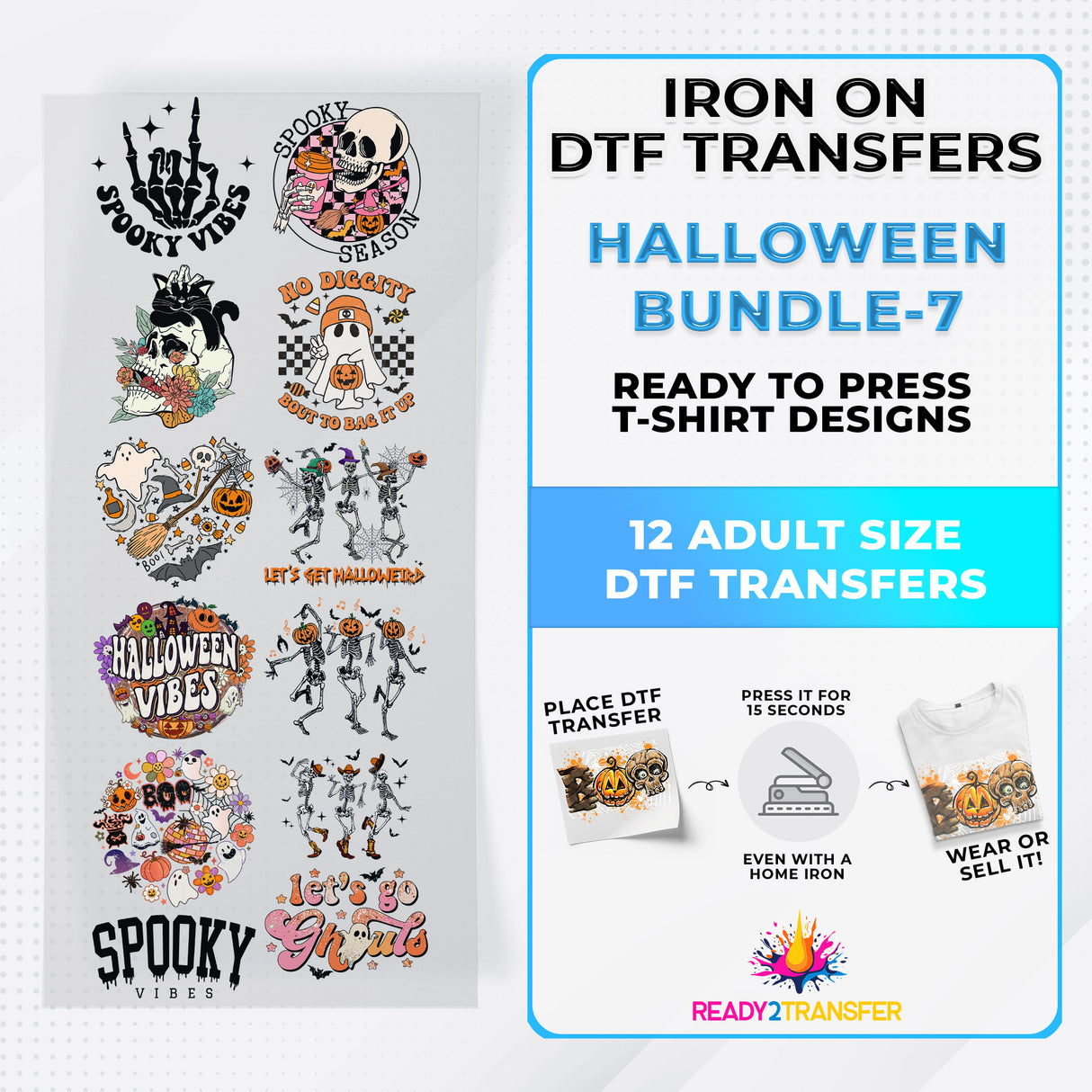 Halloween Bundle Iron on DTF Transfer Bundle 7 - 12 Best Seller Ready To Press T-shirt Designs