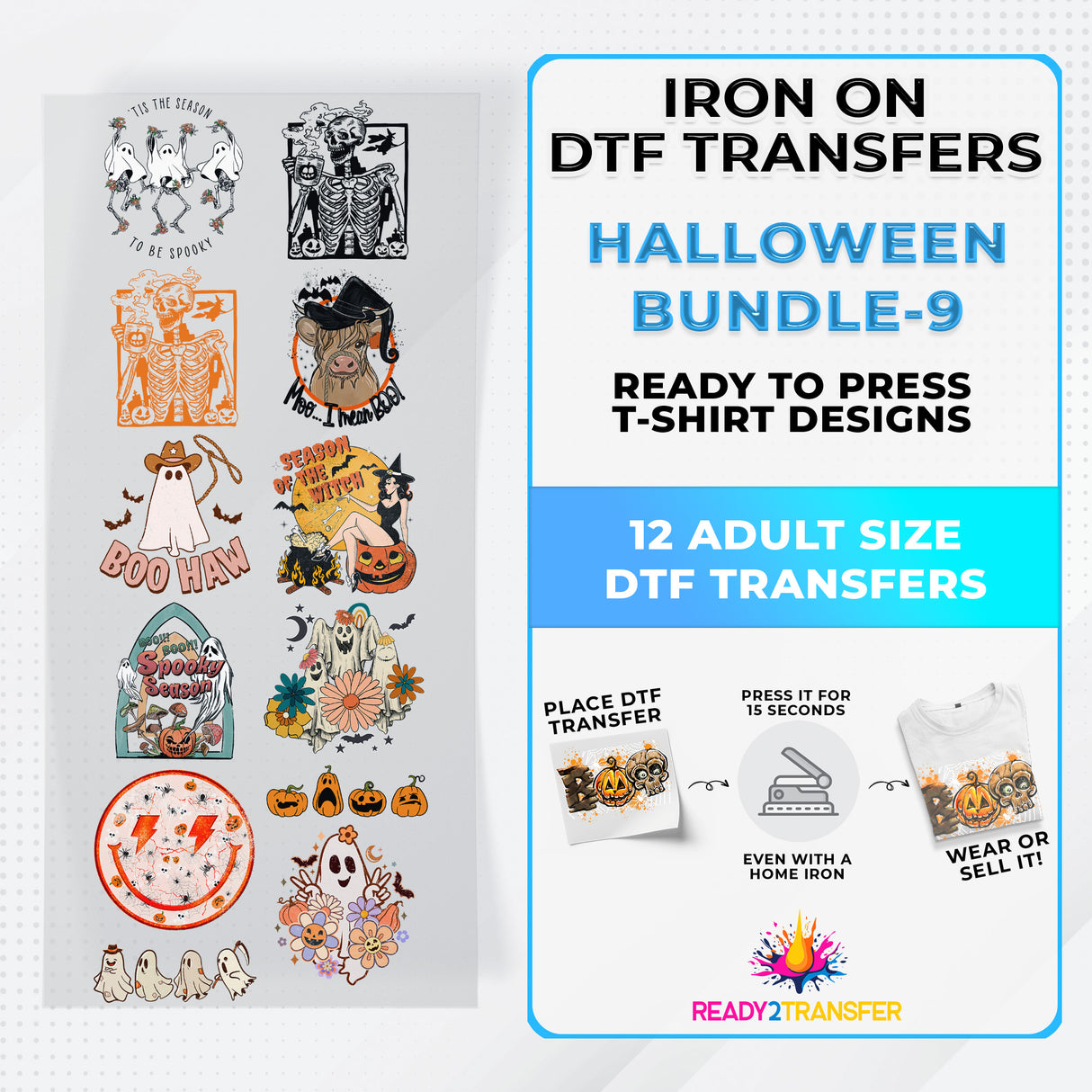 Halloween Bundle Iron on DTF Transfer Bundle 9 - 12 Best Seller Ready To Press T-shirt Designs