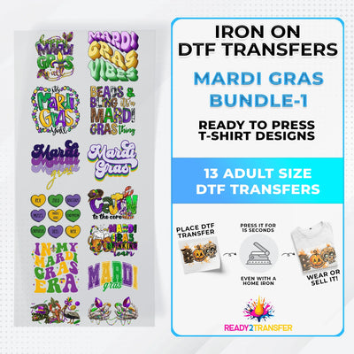 Mardi Gras Bundle Iron on DTF Transfer Bundle 1 - 13 Best Seller Ready To Press T-shirt Designs