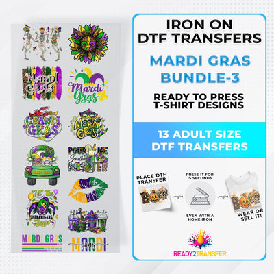 Mardi Gras Bundle Iron on DTF Transfer Bundle 3 - 13 Best Seller Ready To Press T-shirt Designs ready2transfer