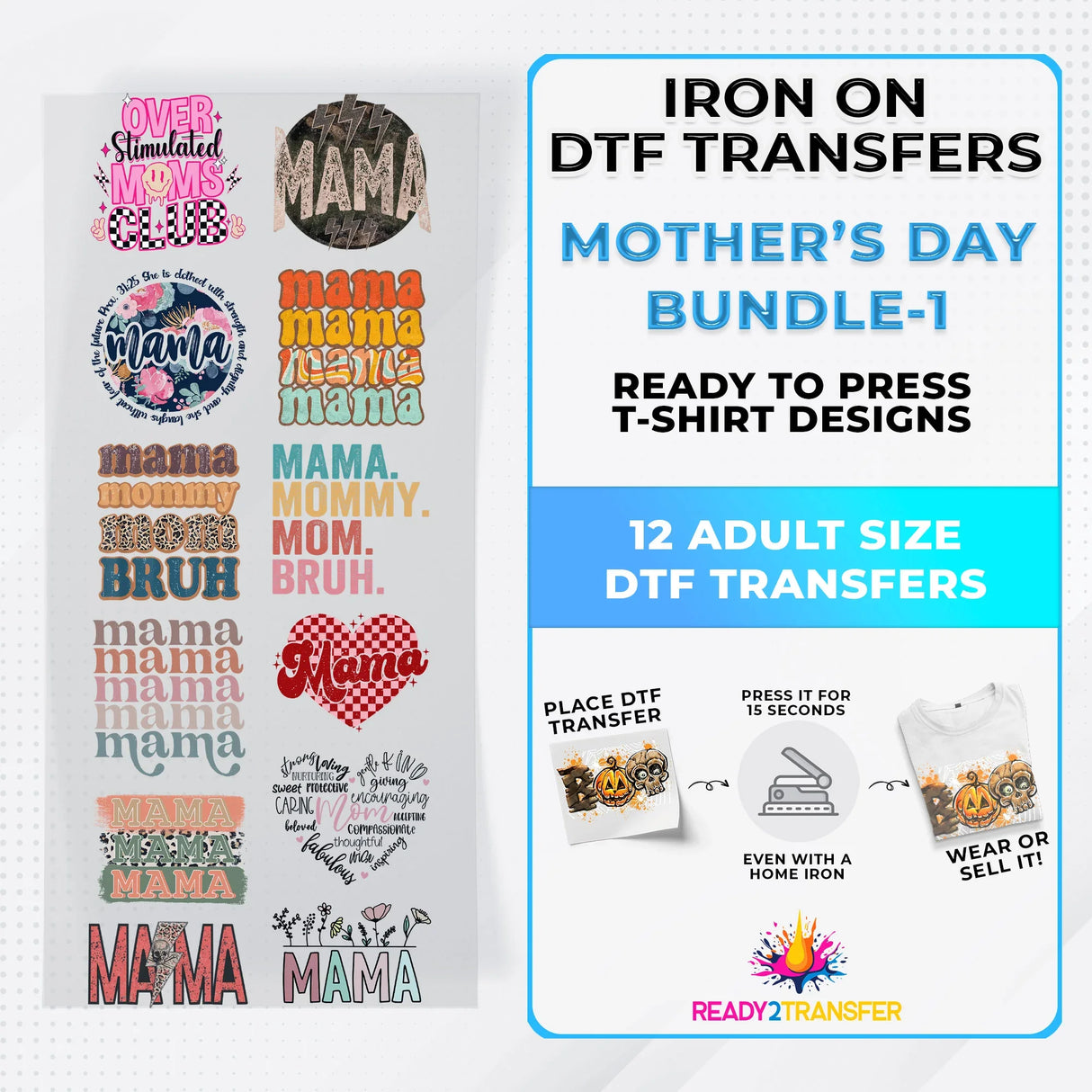 Mother's Day DTF transfer bundle with 12 adult iron-on t-shirt designs featuring various 'Mama' and mom-themed graphics