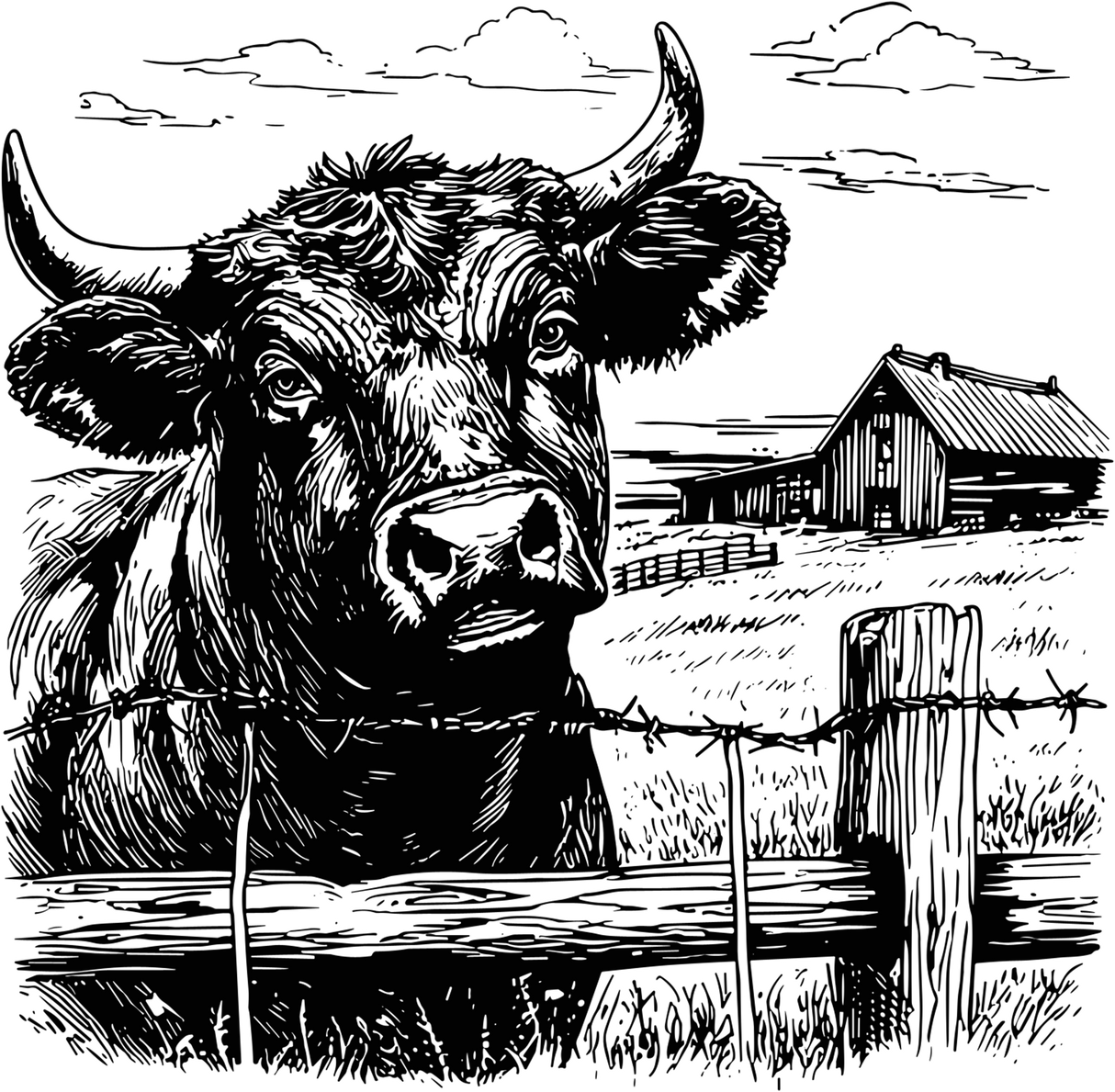 Bull In Front Of Farmhouse - Animals DTF Transfers