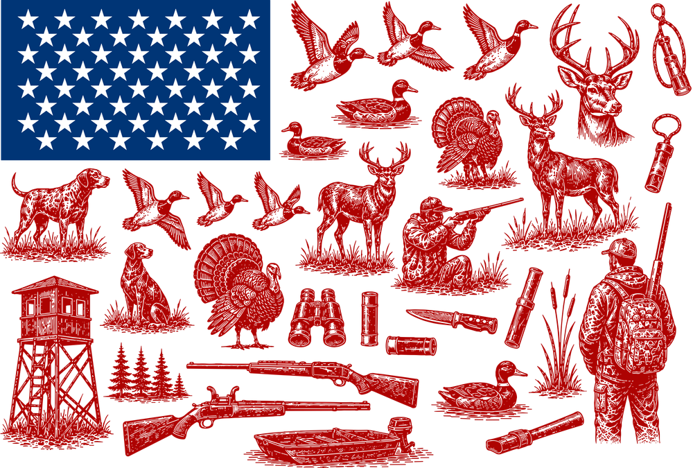 US Flag, Red Drawings - Hunting DTF Transfers