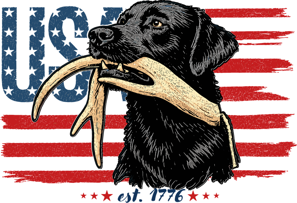 USA Flag, Dog Carrying Antler - Hunting DTF Transfers