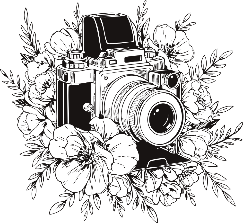 B&W Camera with Flowers - Photography DTF Transfers