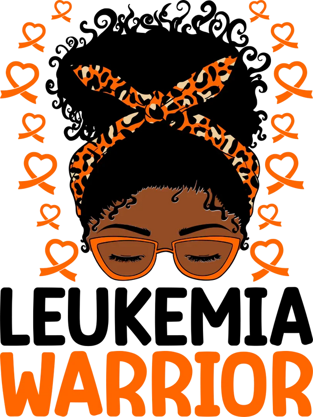 Illustration of a woman with closed eyes, leopard print headband, orange glasses, surrounded by orange heart ribbons, word WARRIOR