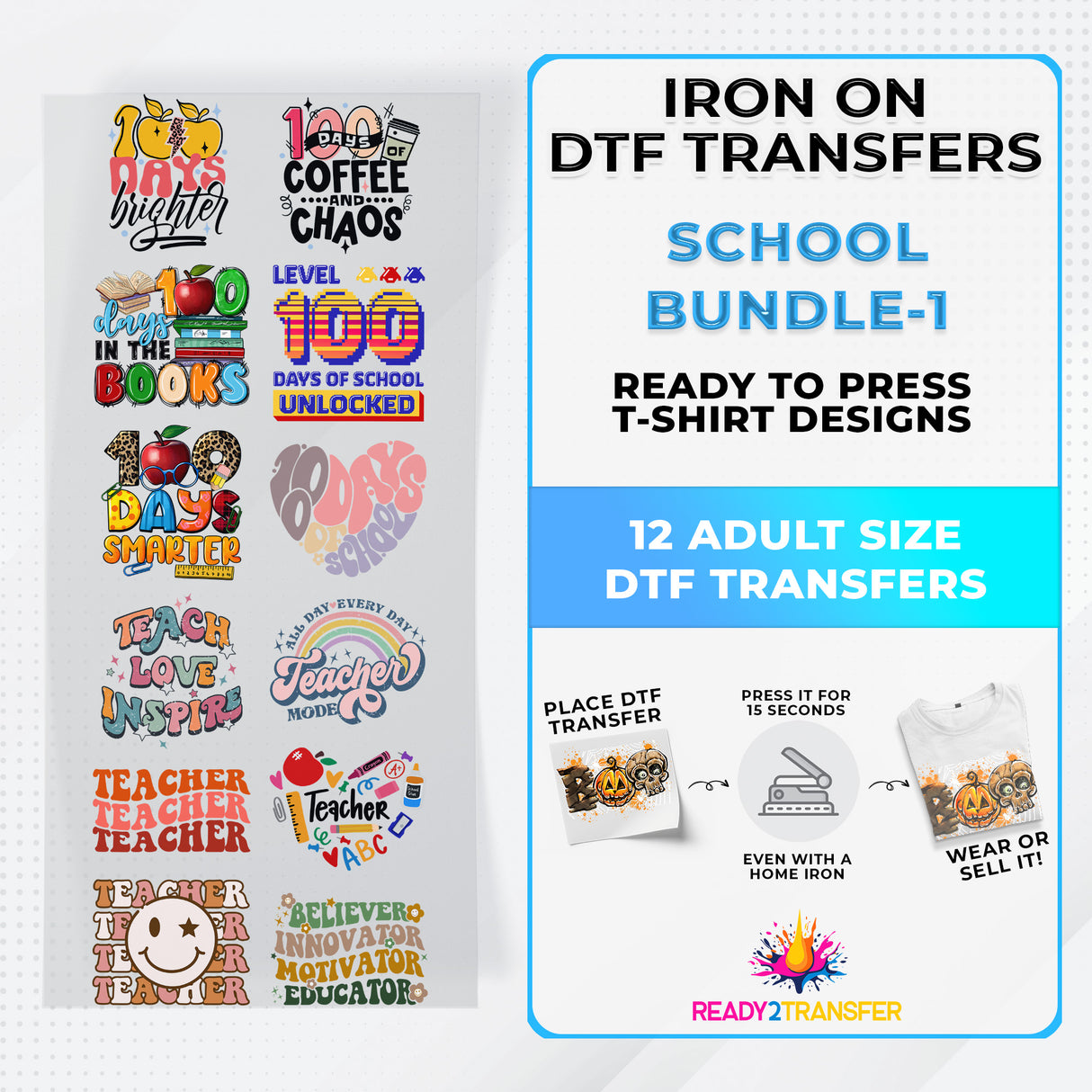 School Bundle Iron on DTF Transfer Bundle 1 - 12 Best Seller Ready To Press T-shirt Designs