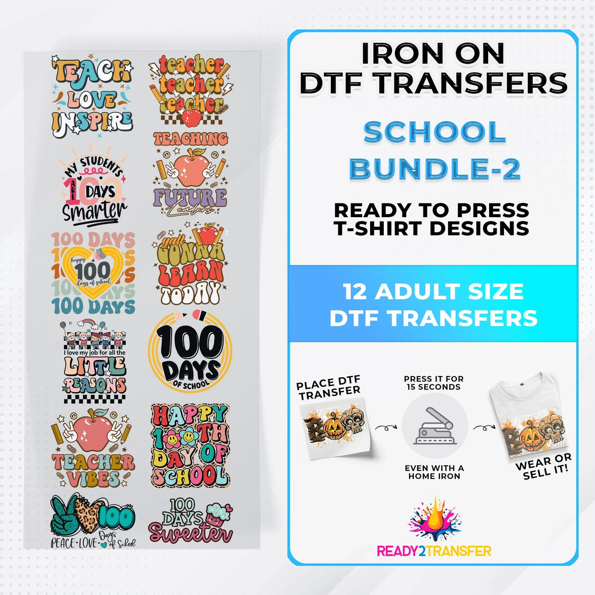 School Bundle Iron on DTF Transfer Bundle 2 - 12 Best Seller Ready To Press T-shirt Designs