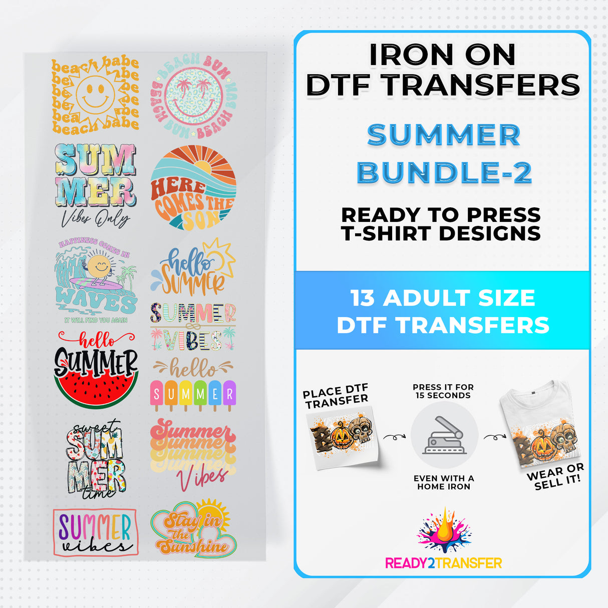 Summer Bundle Iron on DTF Transfer Bundle 2 - 13 Best Seller Ready To Press T-shirt Designs