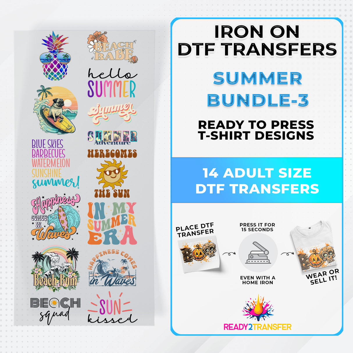 Summer Bundle Iron on DTF Transfer Bundle 3 - 14 Best Seller Ready To Press T-shirt Designs