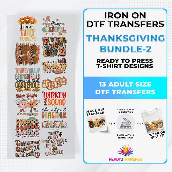 Thanksgiving Bundle Iron on DTF Transfer Bundle 2 - 13 Best Seller Ready To Press T-shirt Designs