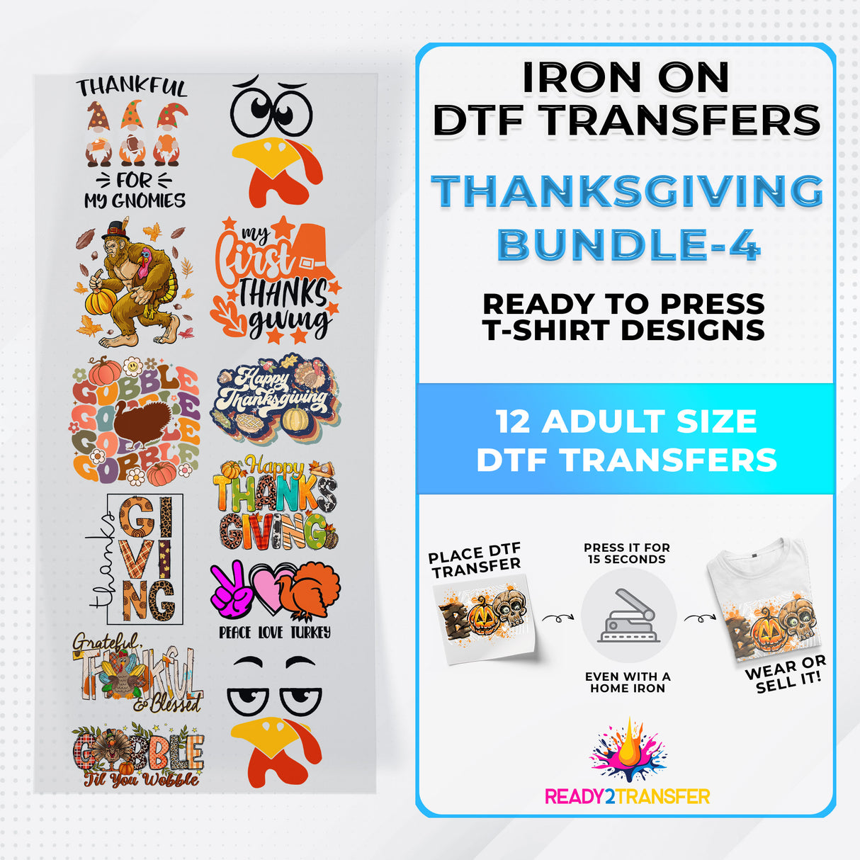 Thanksgiving Bundle Iron on DTF Transfer Bundle 4 - 12 Best Seller Ready To Press T-shirt Designs