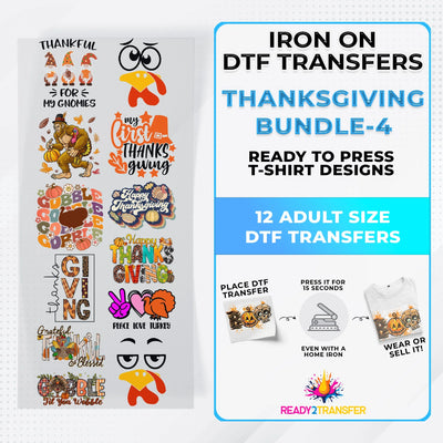 Thanksgiving Bundle Iron on DTF Transfer Bundle 4 - 12 Best Seller Ready To Press T-shirt Designs