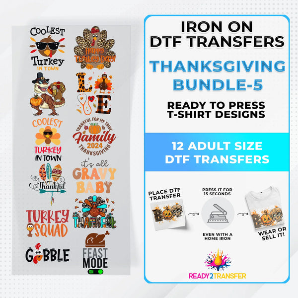 Thanksgiving Bundle Iron on DTF Transfer Bundle 5 - 12 Best Seller Ready To Press T-shirt Designs