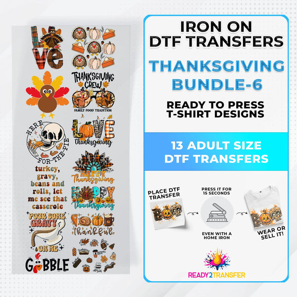 Thanksgiving Bundle Iron on DTF Transfer Bundle 6 - 13 Best Seller Ready To Press T-shirt Designs