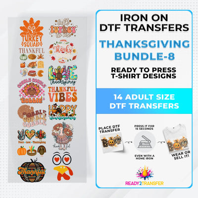 Thanksgiving Bundle Iron on DTF Transfer Bundle 8 - 14 Best Seller Ready To Press T-shirt Designs