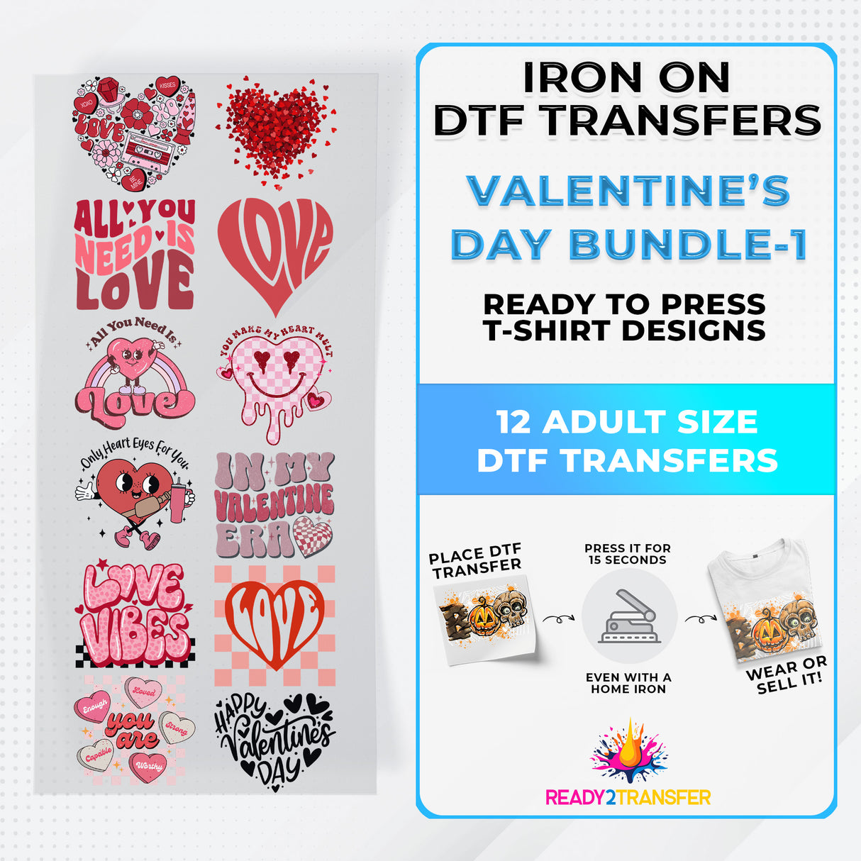 Valentine's Day Bundle Iron on DTF Transfer Bundle 1 - 12 Best Seller Ready To Press T-shirt Designs