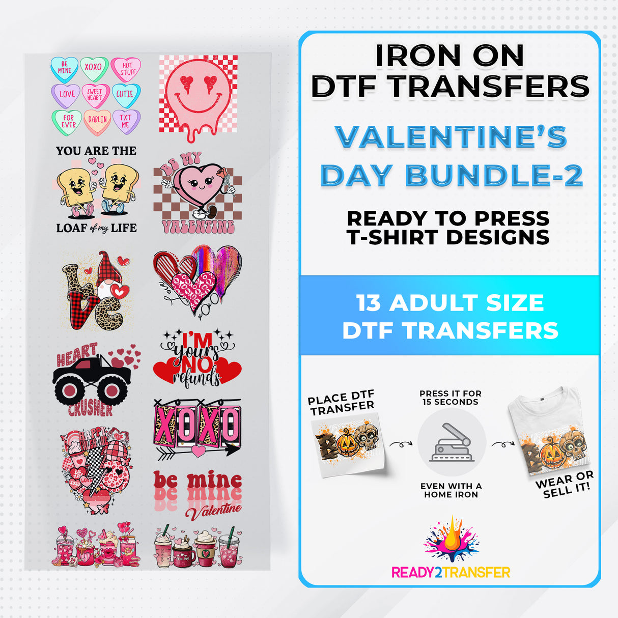 Valentine's Day Bundle Iron on DTF Transfer Bundle 2 - 13 Best Seller Ready To Press T-shirt Designs