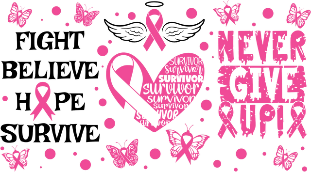 Pink breast cancer awareness ribbons, heart with survivor text, butterflies, and motivational phrase Never Give Up