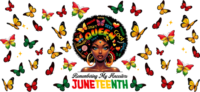 Juneteenth celebration art with Black woman afro featuring empowering words and colorful butterflies