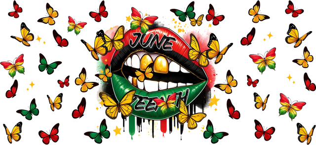 Graphic of lips painted red, black, and green with gold teeth, surrounded by red, yellow, and green butterflies and stars