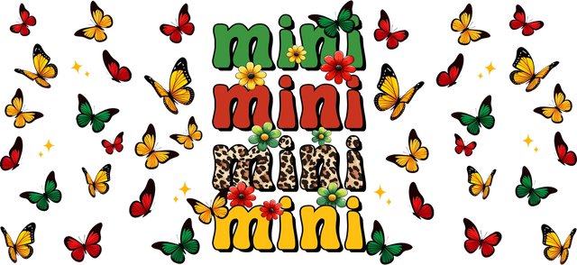 Colorful butterflies and flowers surrounding stylized text with leopard print and vibrant colors on black