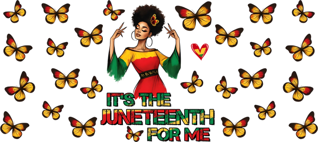 Black woman in red, yellow, and green dress with butterflies celebrating Juneteenth text