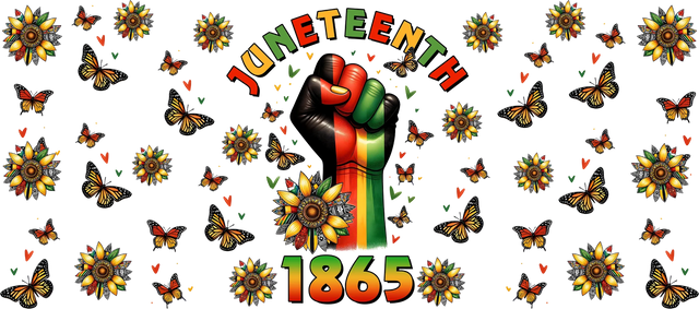 Colorful clenched fist with red, black, green stripes and sunflower, surrounded by monarch butterflies and 'Juneteenth 1865' text