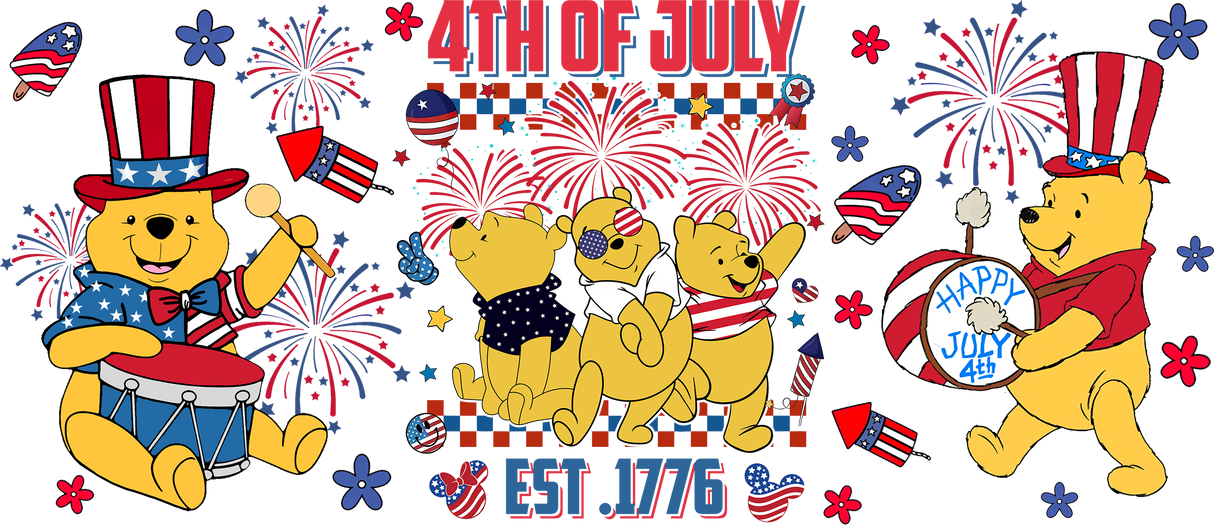 Winnie The Pooh 4th Of July - 4th Of July Cup Wrap UV Sticker Permanent UV DTF Decal