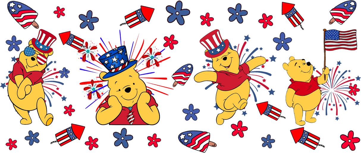 Winnie The Pooh Design - 4th Of July Cup Wrap UV Sticker Permanent UV DTF Decal