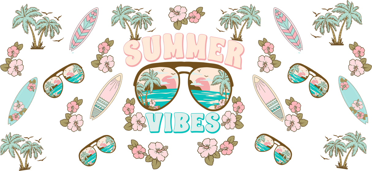 Summer Vibes Glasses - Summer Cup Wrap UV Sticker Permanent UV DTF Decal